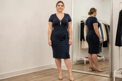 Femme petite et ronde en robe portefeuille marine avec talons nude et collier long doré pour paraître plus grande
