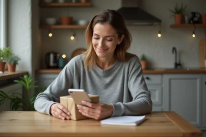 Femme photographiant un colis Vinted avec son smartphone pour conserver une preuve avant retour vendeur