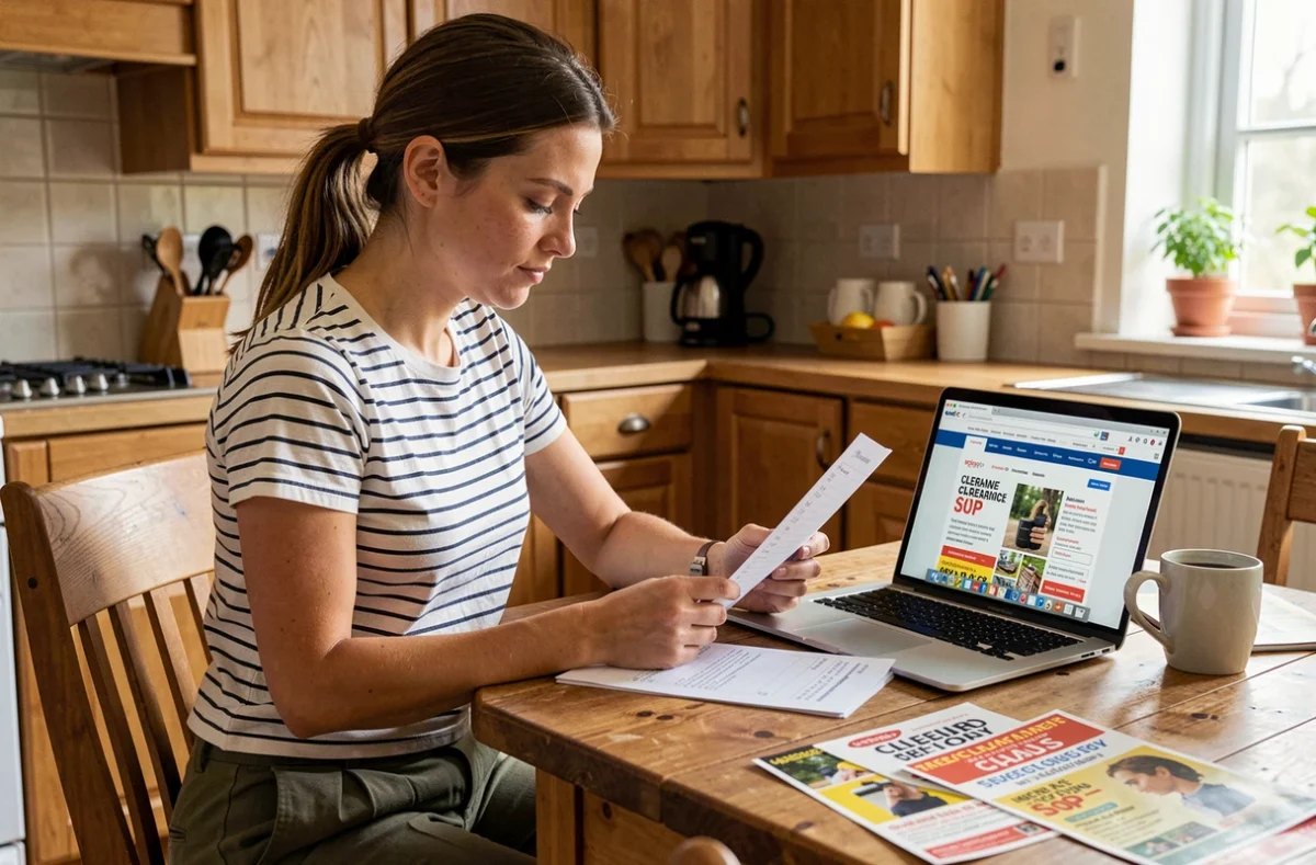 Jeune femme planifiant ses achats en déstockage en ligne à la maison avec une liste de courses et des prospectus de promotions sur la table