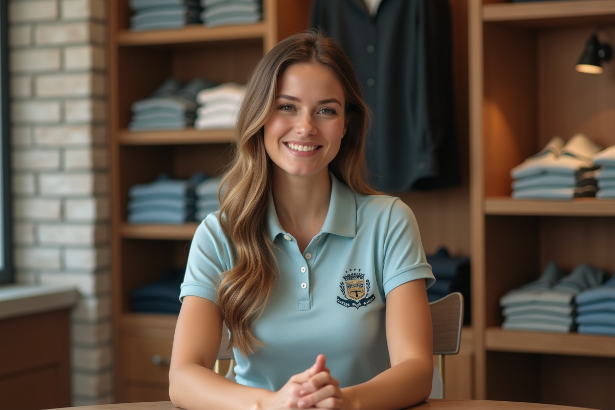 Femme en polo dans une boutique moderne et élégante