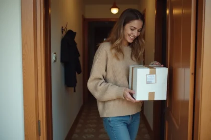 Jeune femme recevant un colis Shein devant sa porte d'appartement