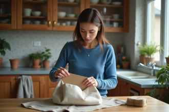 Femme en train de réparer un sac en toile dans sa cuisine