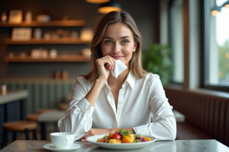 Femme en blouse blanche après déjeuner dans un café