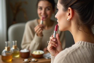 Femme appliquant du rouge à lèvres dans un cadre naturel
