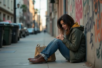 Femme seule et épuisée assise sur un trottoir de Los Angeles, illustrant la chute sociale et la précarité après la célébrité d'Hollywood