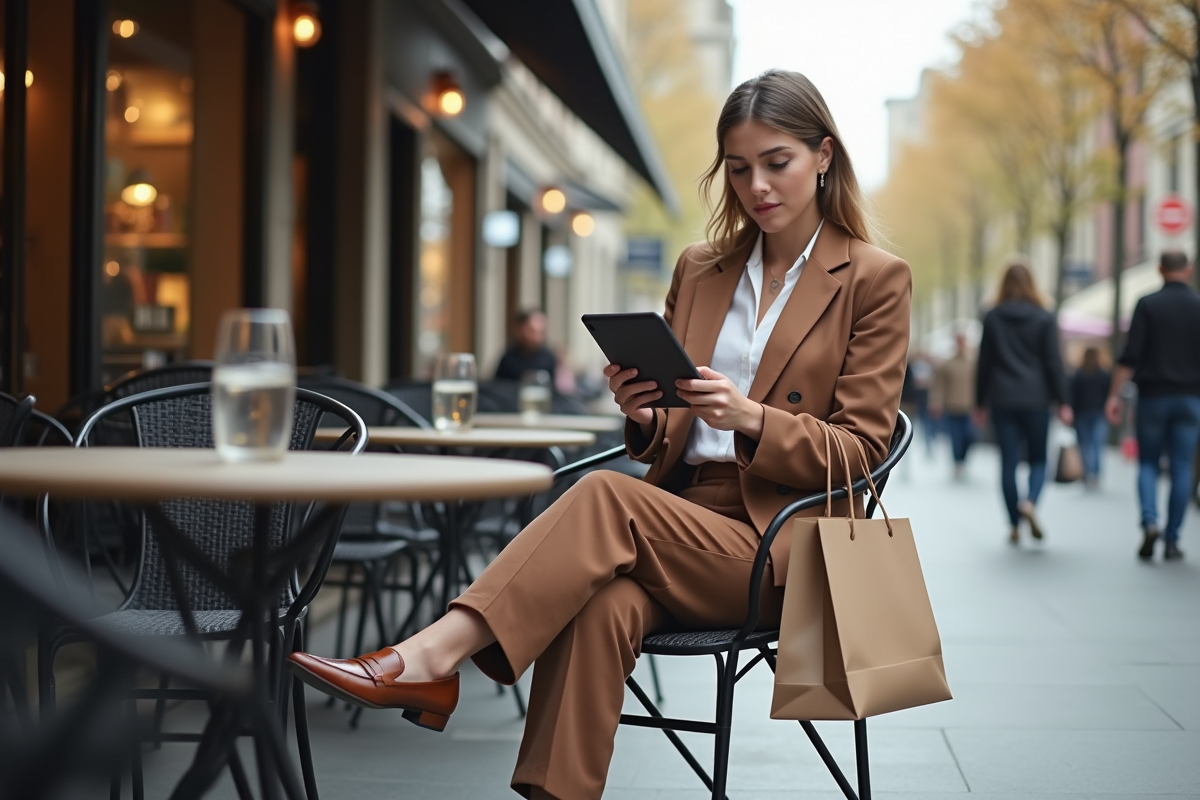 Femme confiante avec shopping et tablette en terrasse de café