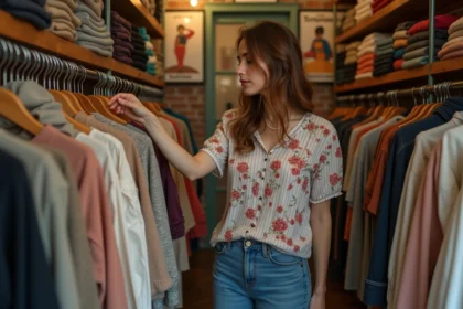 Femme parcourant un portant de vêtements vintage dans une friperie parisienne authentique
