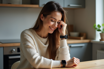 Femme souriante utilisant une smartwatch à la maison