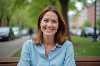 Femme souriante dans un parc urbain en plein air
