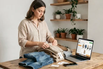 Femme qui trie des vêtements d'occasion sur une table en bois pour les vendre sur une plateforme de seconde main comme Sellpy