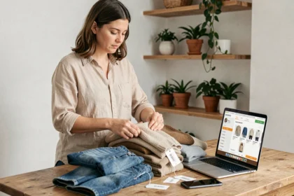 Femme qui trie des vêtements d'occasion sur une table en bois pour les vendre sur une plateforme de seconde main comme Sellpy