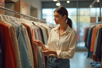 Femme vérifiant l'étiquette de taille d'un vêtement dans une boutique, illustrant les erreurs de conversion de tailles vestimentaires