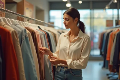 Femme vérifiant l'étiquette de taille d'un vêtement dans une boutique, illustrant les erreurs de conversion de tailles vestimentaires