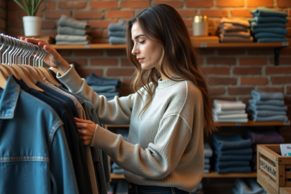 Jeune femme dans une boutique de seconde main mode durable