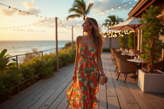 Femme en robe tropicale sur une terrasse avec vue océan
