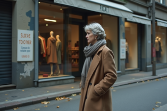 Femme en manteau d'automne devant un magasin abandonné