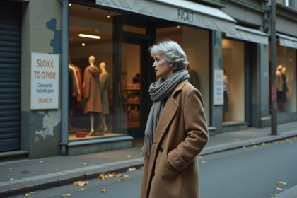 Femme en manteau d'automne devant un magasin abandonné