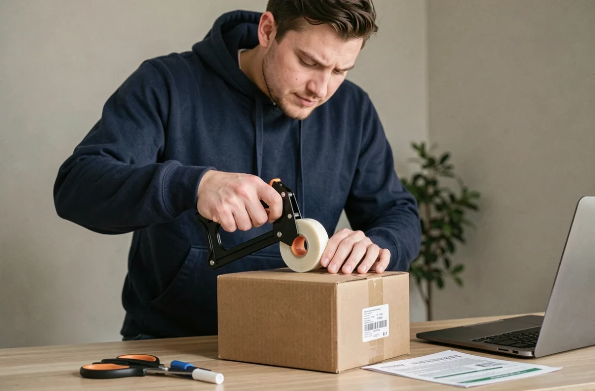 Homme fermant un colis carton avec du scotch d'emballage avant dépôt en point relais Vinted