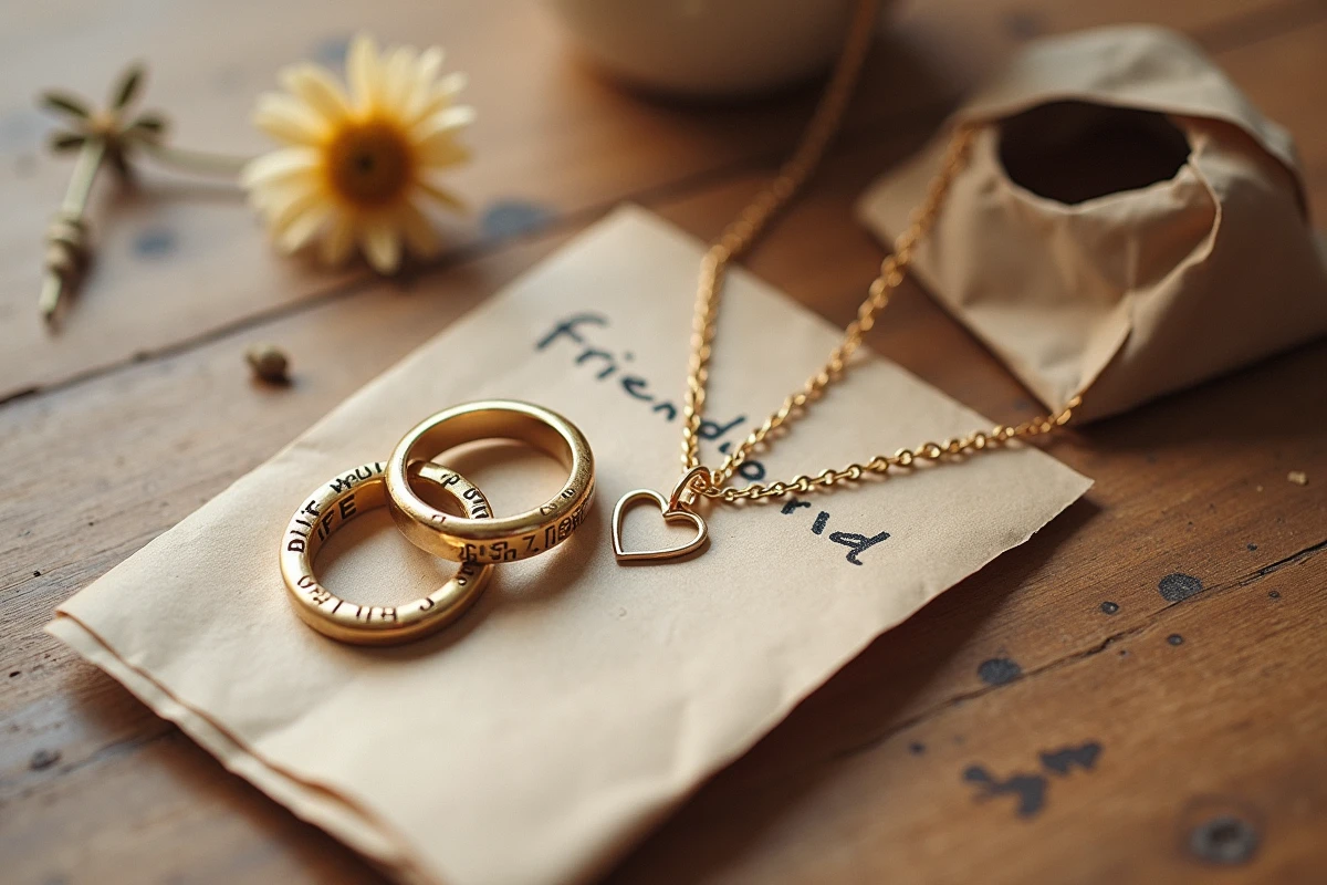 Flat lay de bagues et colliers d'amitié cœur BFF sur bois avec note manuscrite et fleurs séchées