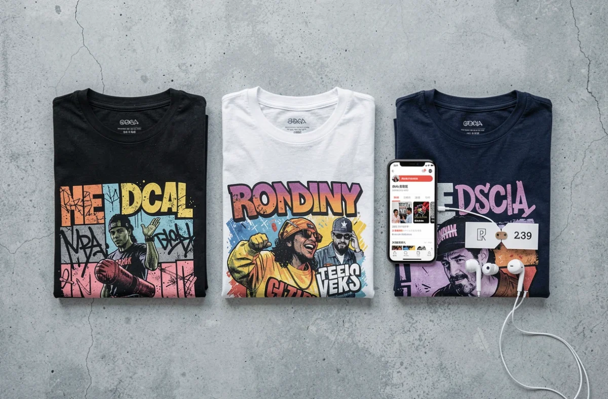 Flat lay de t-shirts graphiques style Drake avec smartphone affichant des offres en ligne sur surface en béton