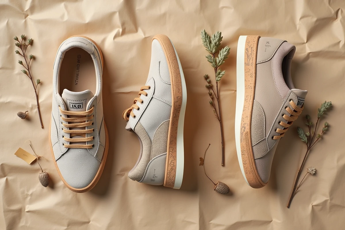 Flatlay de trois paires de baskets vegan françaises aux matières écologiques variées, présentation éditoriale mode durable