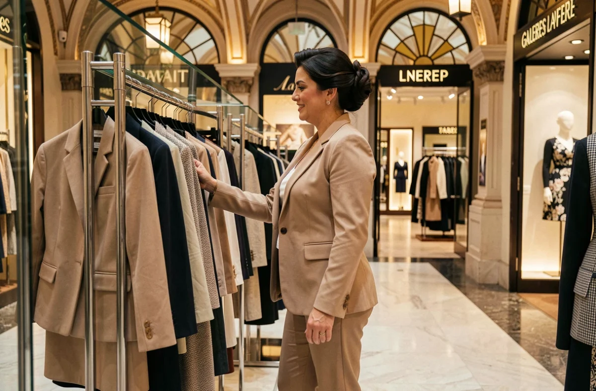 Une femme élégante parcourt le rayon grande taille des Galeries Lafayette de Nice