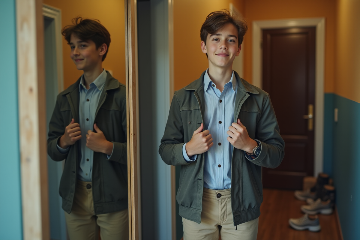 Garçon adolescent essayant une veste devant un miroir dans le couloir