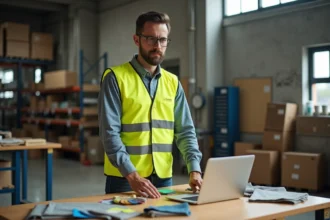 Ouvrier portant un gilet jaune personnalisé avec logo d'entreprise dans un atelier de personnalisation textile