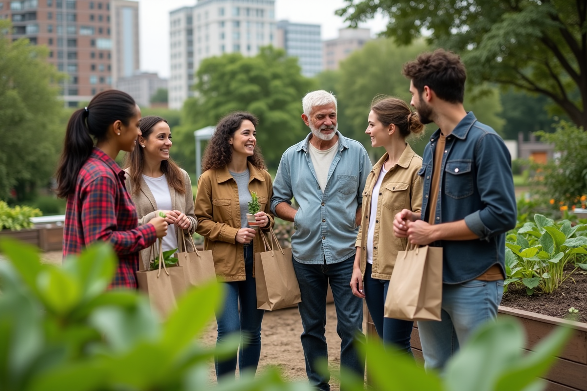 Groupe de jeunes dans un jardin communautaire écologique