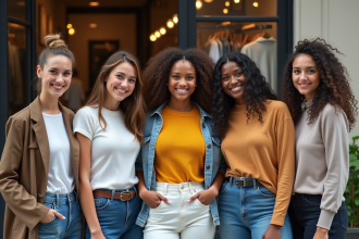 Groupe de jeunes adultes en mode urbain devant un magasin