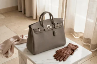 Sac Hermès Birkin 30 en cuir togo gris étain avec hardware palladium posé sur marbre blanc dans un intérieur parisien minimaliste