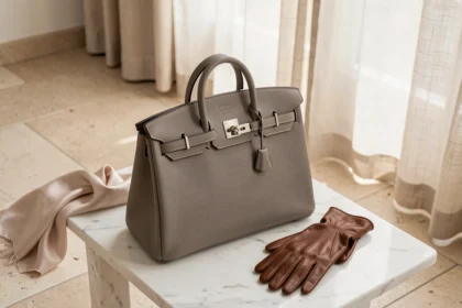 Sac Hermès Birkin 30 en cuir togo gris étain avec hardware palladium posé sur marbre blanc dans un intérieur parisien minimaliste
