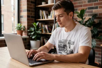 Jeune homme parcourant des offres de t-shirts Drake pas cher sur un ordinateur portable dans un appartement moderne