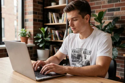 Jeune homme parcourant des offres de t-shirts Drake pas cher sur un ordinateur portable dans un appartement moderne