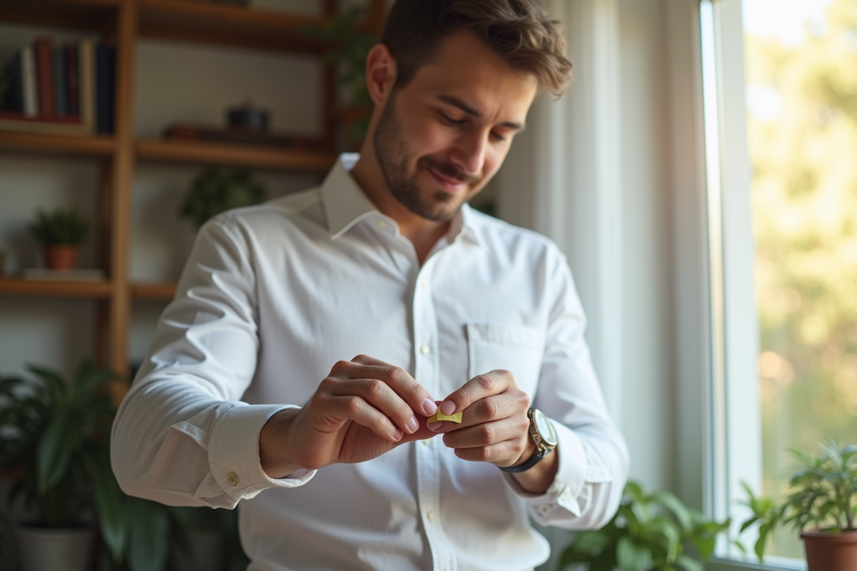 Homme en chemise blanche ajustant une bague en or