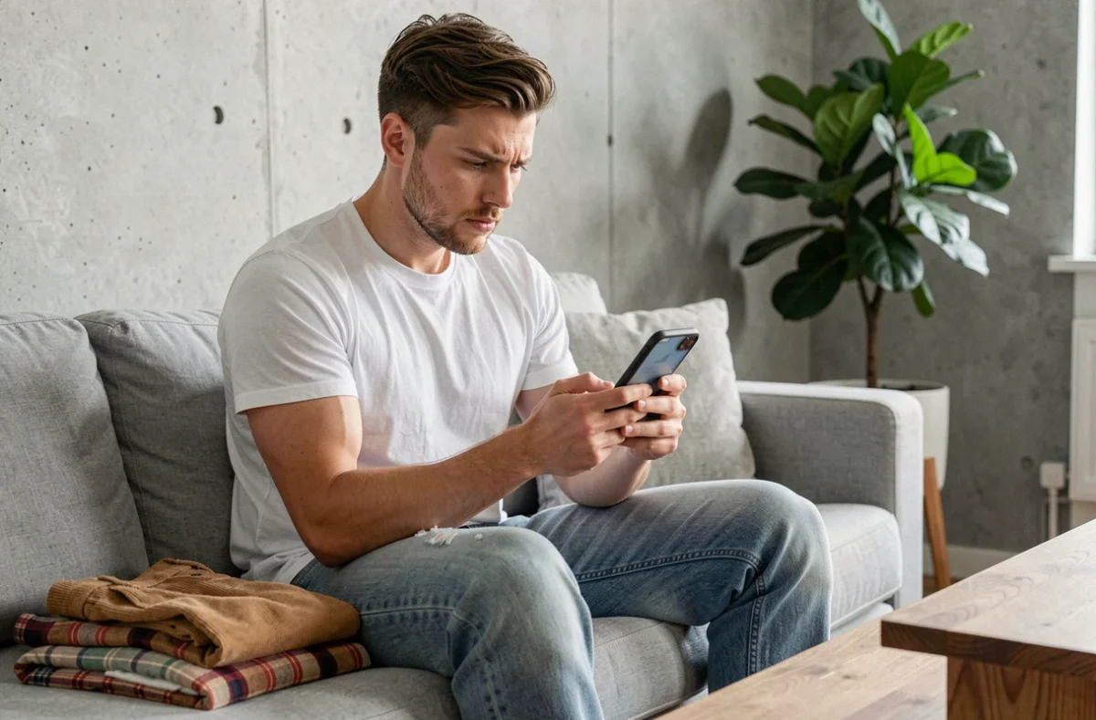 Homme consultant l'application Sellpy sur son smartphone pour évaluer les conditions de vente de ses vêtements d'occasion