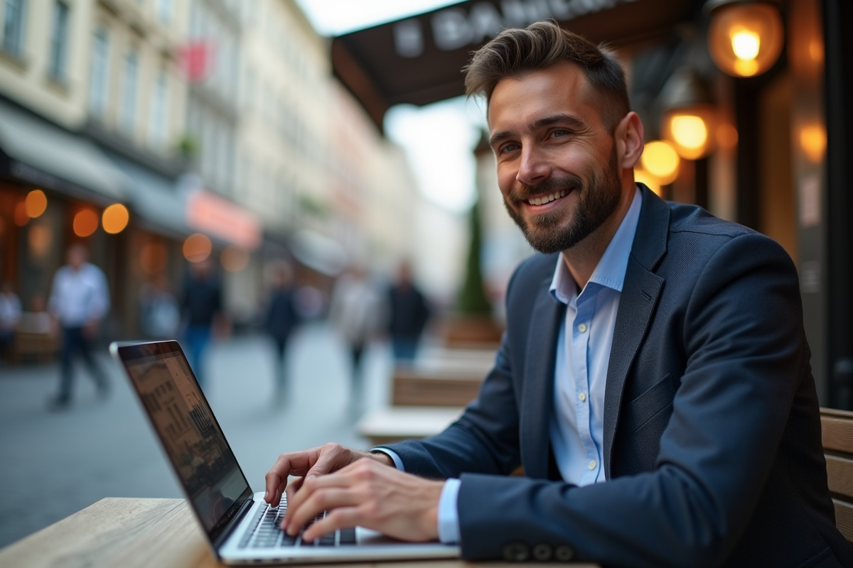 Homme travaillant sur son ordinateur en terrasse de café