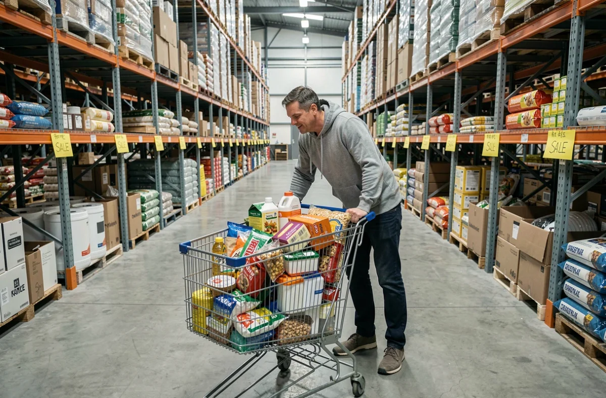 Homme avec un chariot rempli de produits en déstockage dans un entrepôt de vente au rabais avec des rayons chargés de marchandises