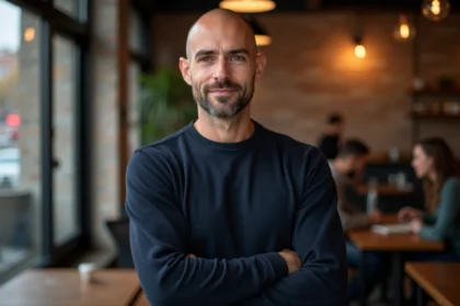 Homme chauve avec une barbichette soignée dans un café urbain, look élégant et moderne
