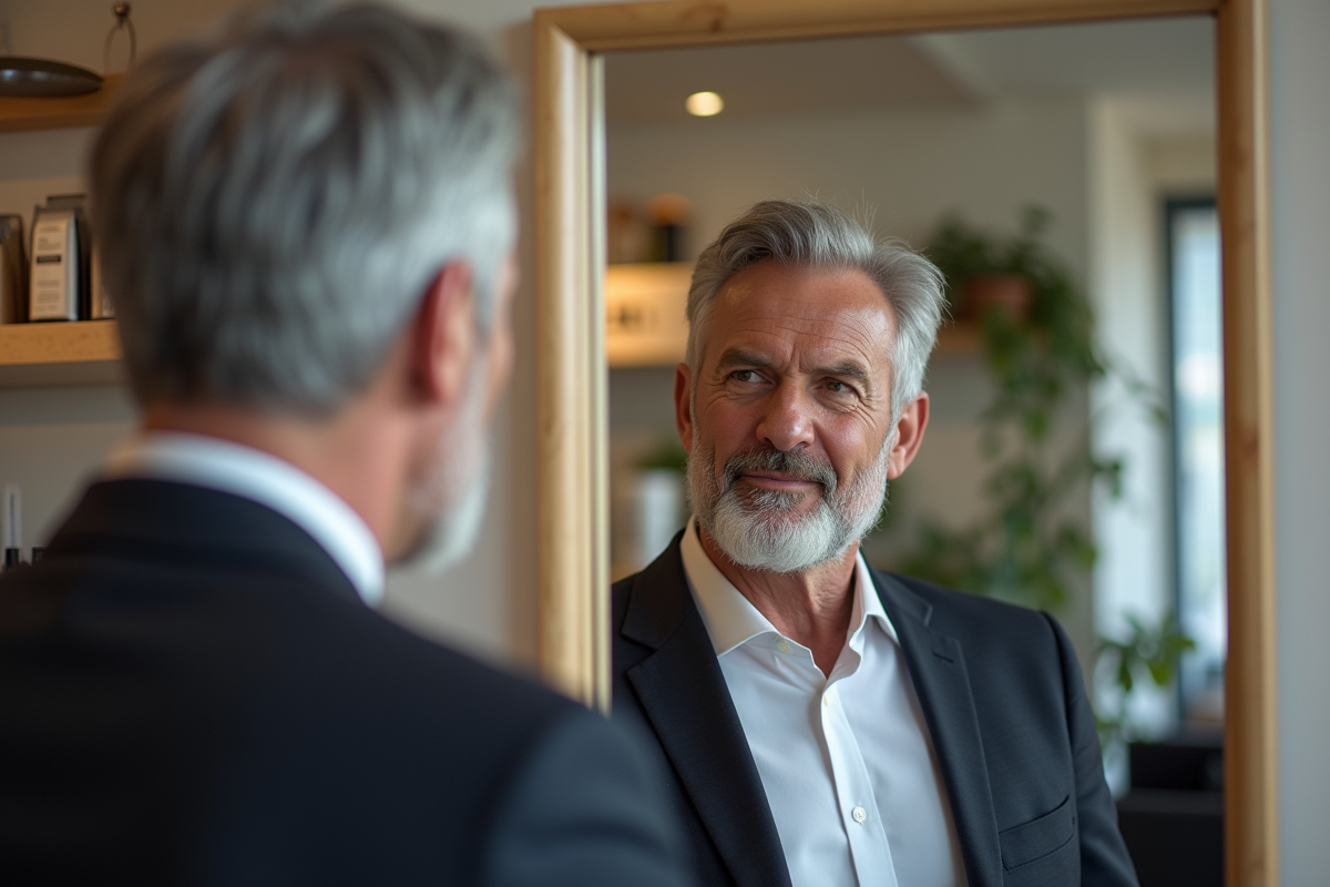 Homme regardant dans le miroir d’un salon de coiffure