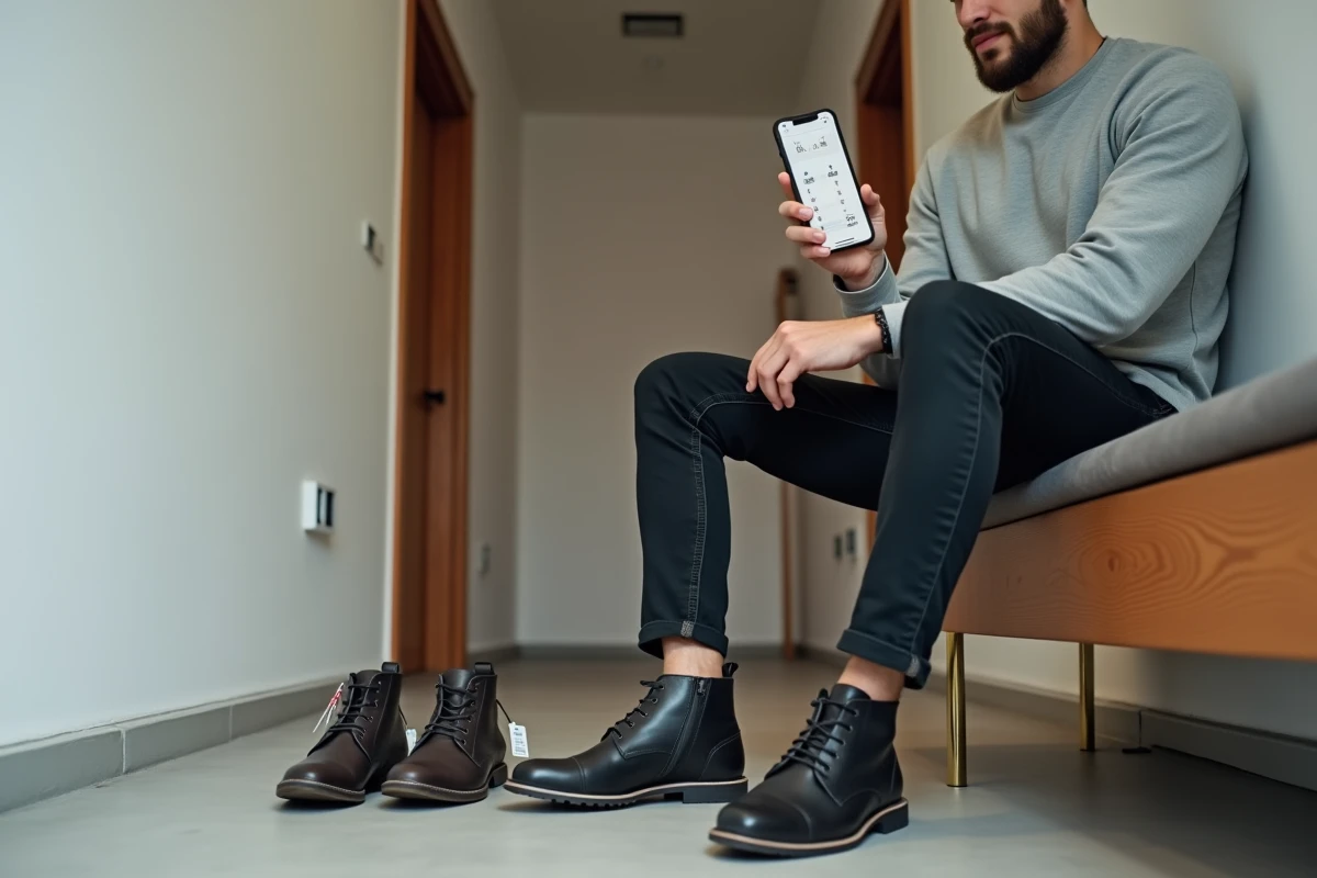 Jeune homme assis dans un couloir d'appartement consultant un guide de conversion des tailles de chaussures UK, EU, US et CM sur son téléphone, deux paires de chaussures posées à ses pieds avec des étiquettes de pointure