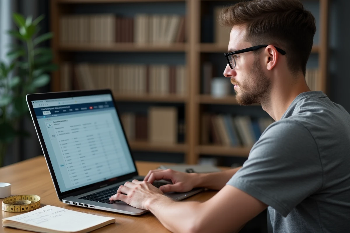 Homme consultant un convertisseur de tailles vestimentaires sur ordinateur portable avec ruban de mesure sur bureau en bois