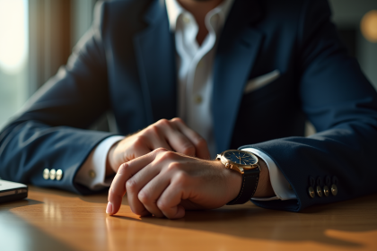 Homme en costume vérifiant l'heure avec une montre classique