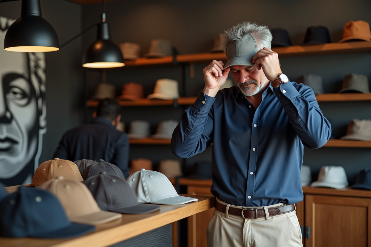 Homme essaie une casquette dans une boutique de chapeaux moderne