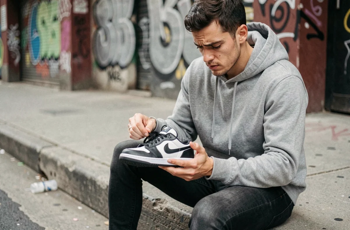 Jeune homme en streetwear examinant attentivement le logo swoosh d'une sneaker Nike pour détecter une éventuelle contrefaçon