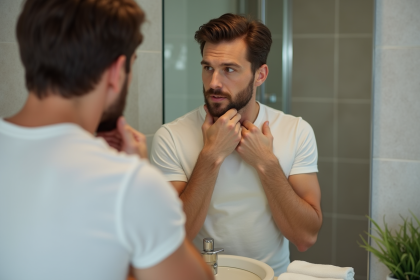 Homme se regardant dans un miroir de salle de bain moderne