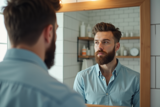 Homme regardant son reflet dans un miroir de salle de bain moderne