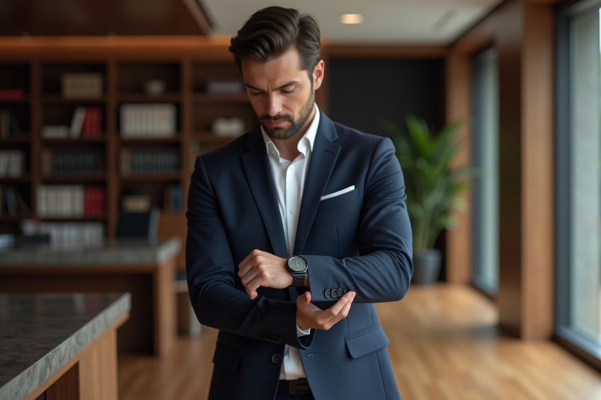 Homme en costume navy vérifiant sa montre dans un bureau élégant