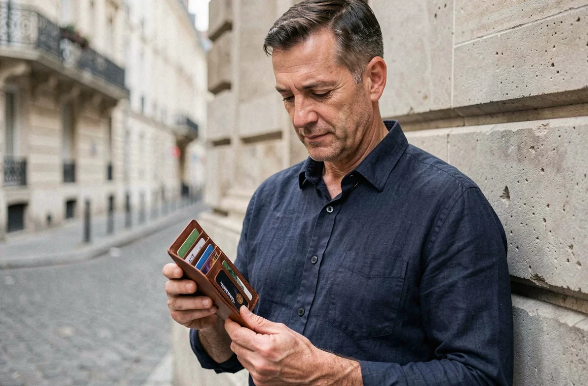 Homme tenant un porte-monnaie personnalisé en cuir fabriqué en France dans une rue pavée parisienne