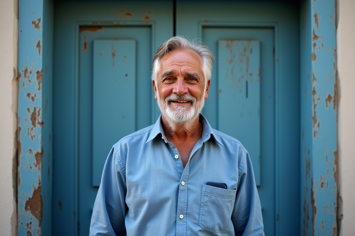 Homme âgé en chemise en lin devant porte en bois